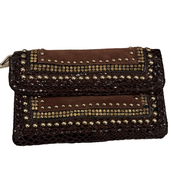 Cache Brown Leather and Suede Studded Wristlet Clutch - Picture 5 of 10